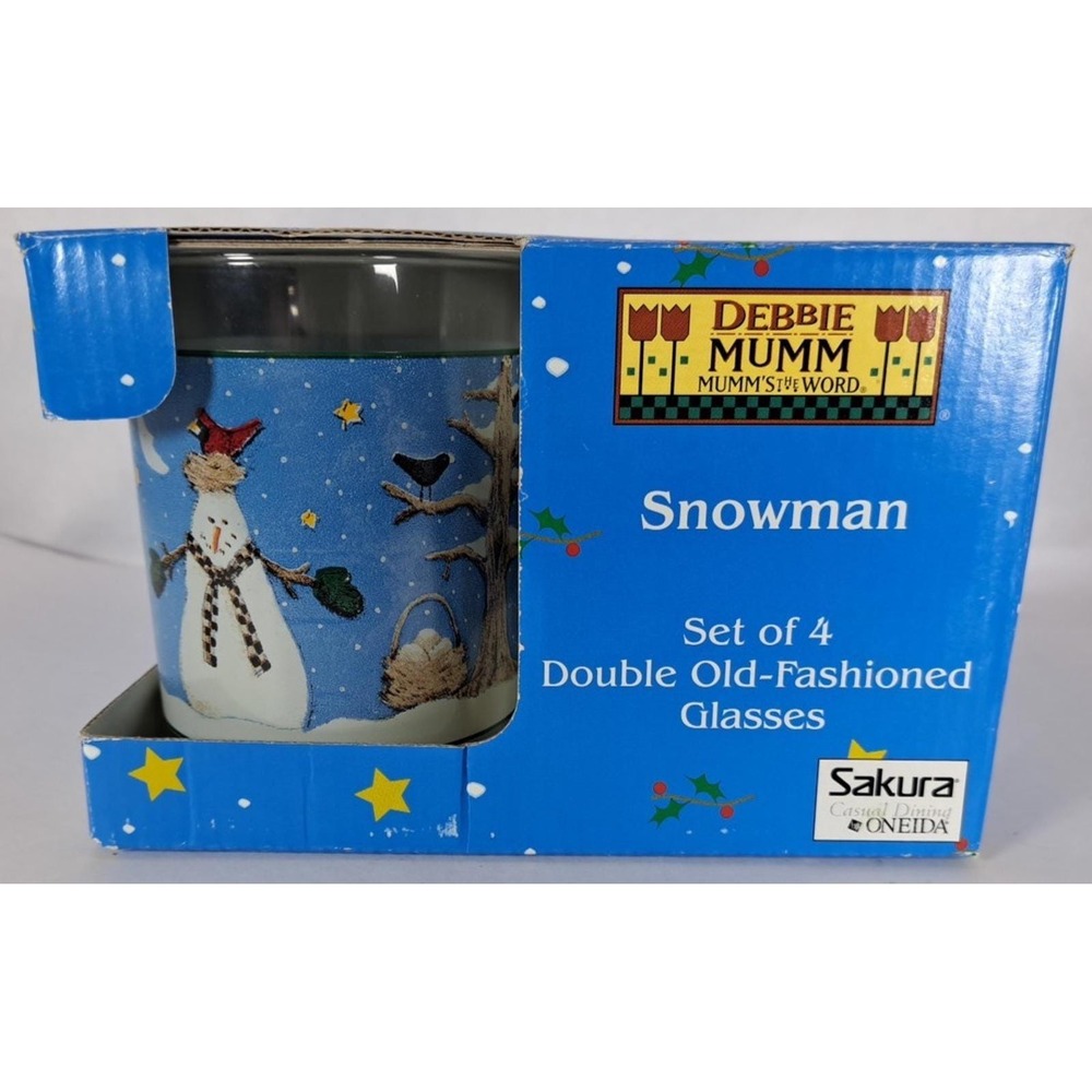 DEBBIE MUMM Set of 4 Christmas SNOWMAN Double Old Fashion Glasses NIB VTG 1990's